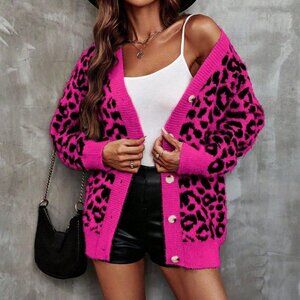 Hot Pink Casual Women's Contrast Color Leopard Print Long Sleeve Knit Cardigan